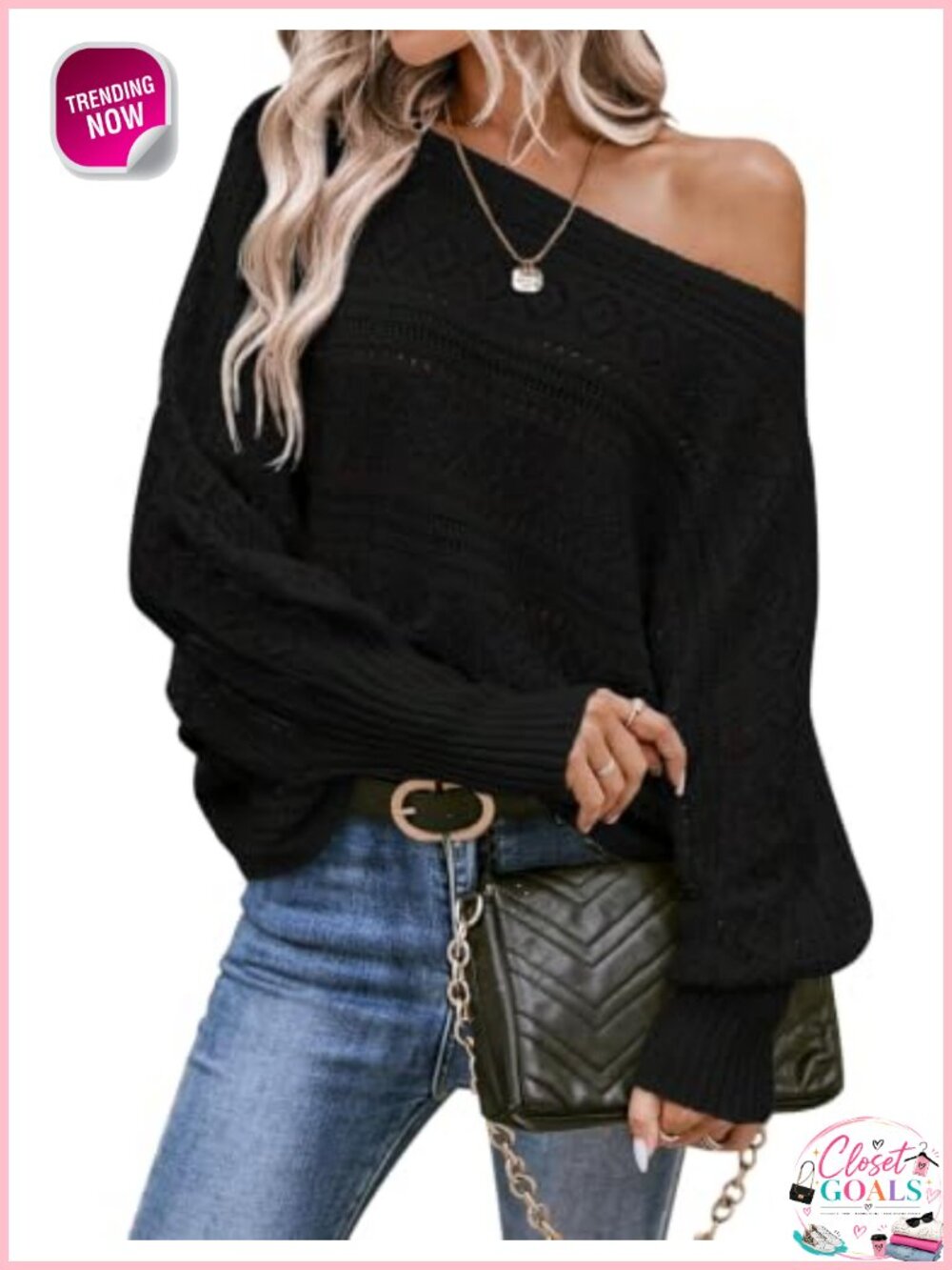 Off Shoulder Oversized Crochet Knit Pullover Sweater Batwing Sleeve